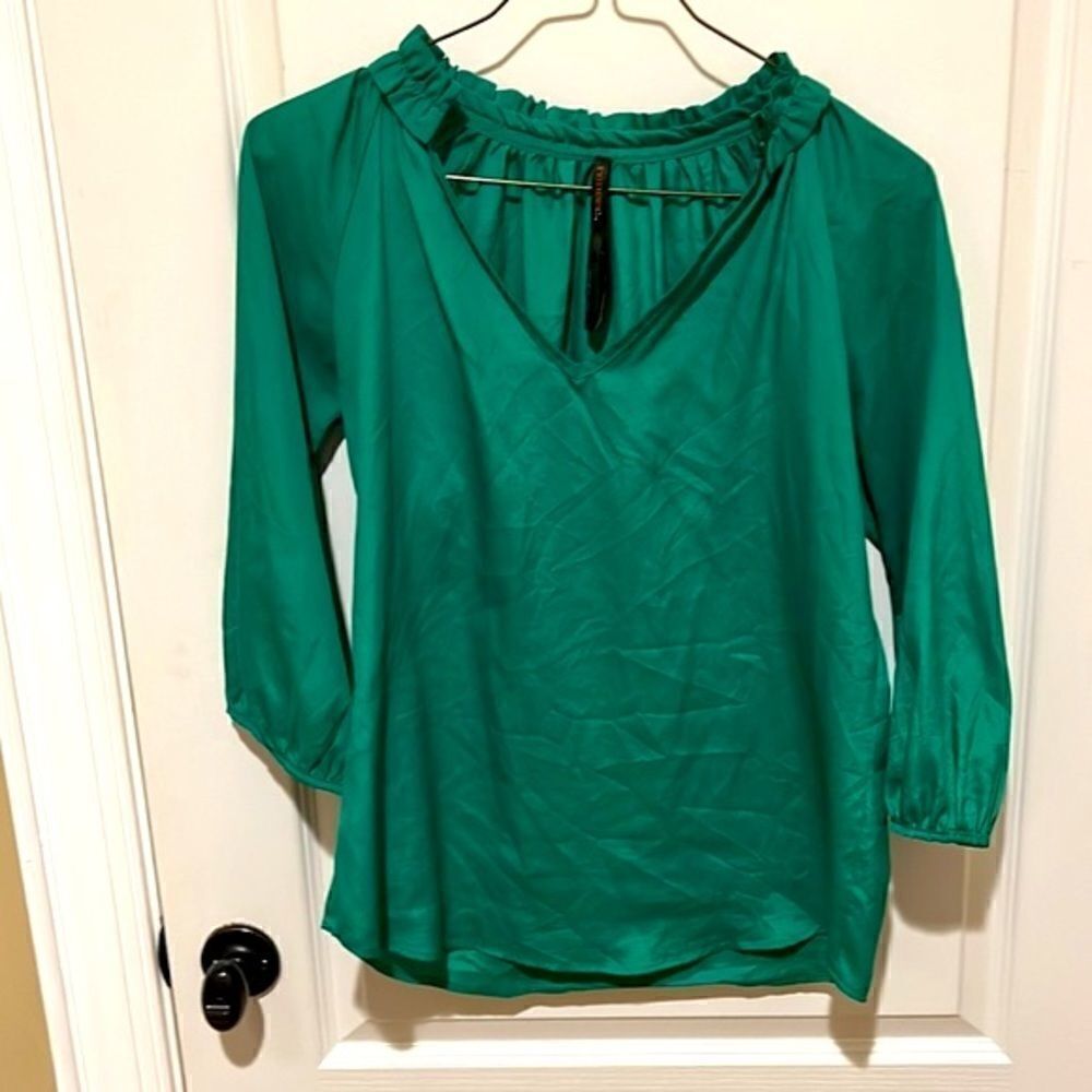 Renee C Brilliant Emerald Green Long Sleeve Blouse Ruched Collar